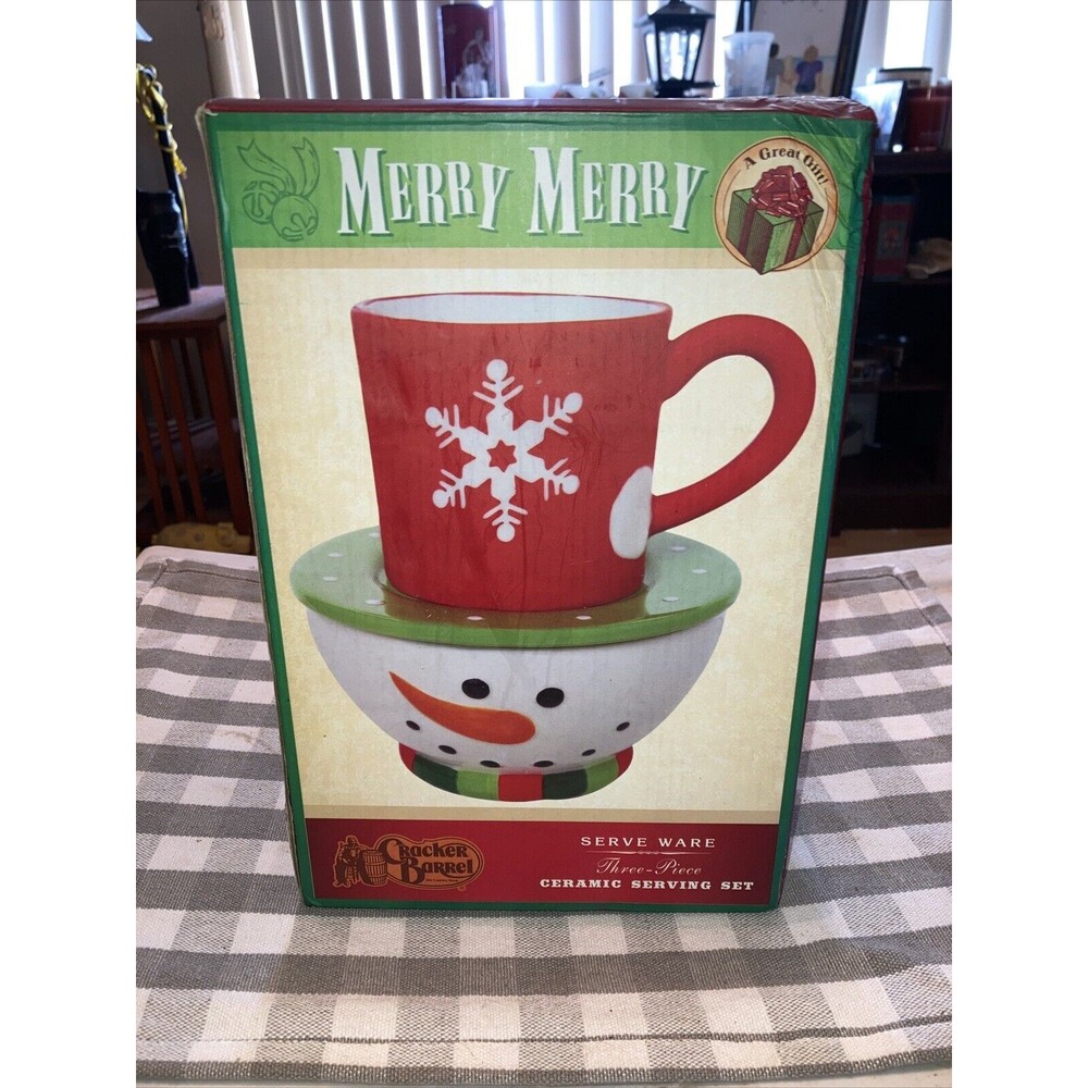 NIB 3 PC Ceramic Serving Set Merry Merry Christmas Serve Ware  Cracker Barrel BD